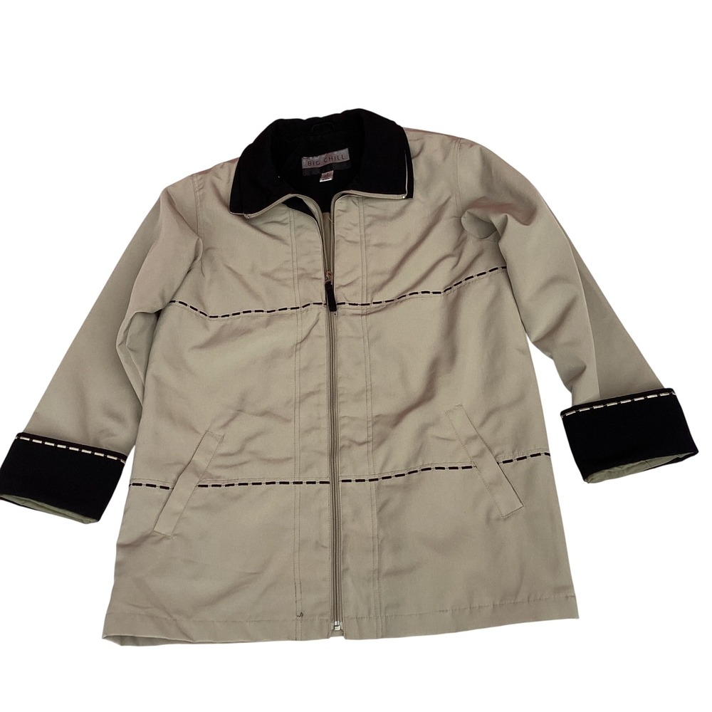 Big Chill Tan‎ Black Zip Front Jacket Contrast Collar Stitch Detail Womens Small